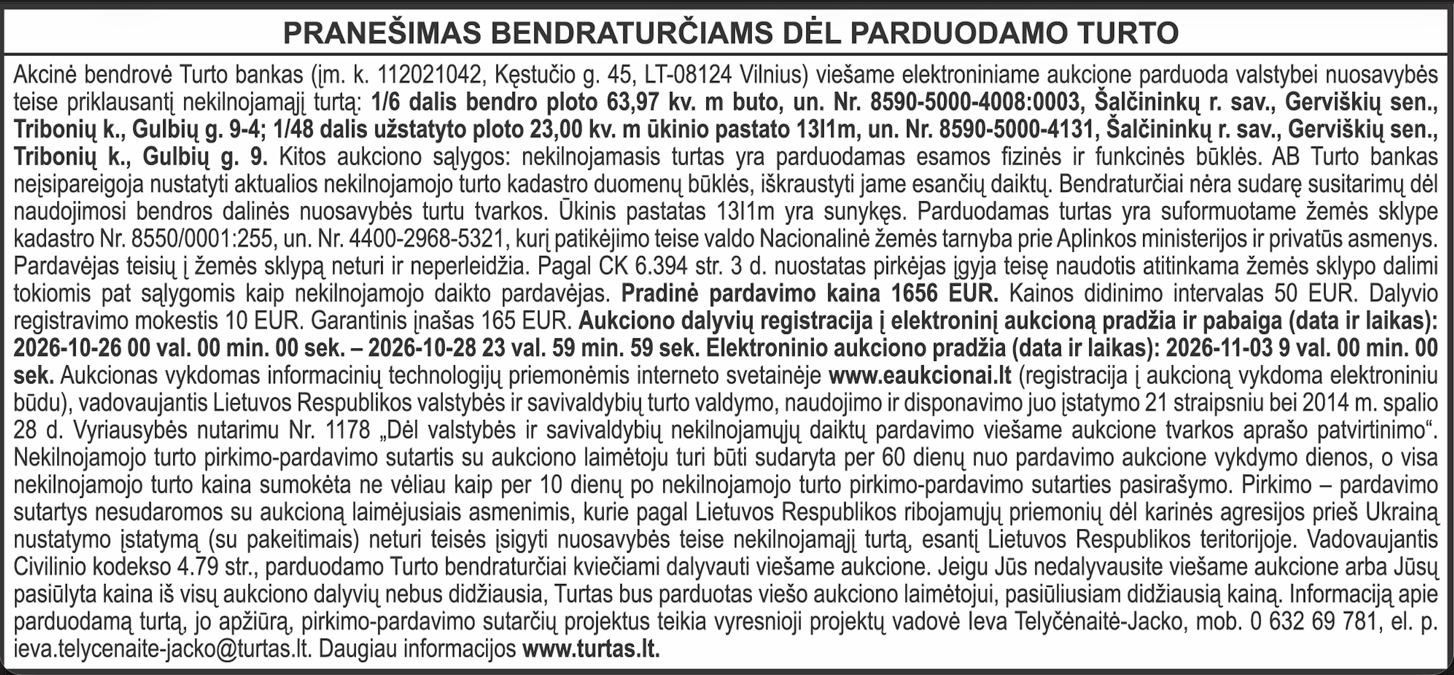 Pranešimas bendraturčiams dėl parduodamo turto